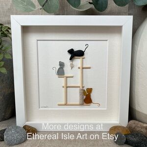 Purrfect Playground ~ Framed Sea Glass Cat Tower Art ~ Genuine Sea Glass